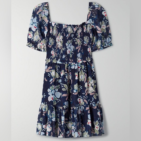 Aritzia Wilfred Laken Mini Chiffon Dress in Navy Floral Pattern - Picture 1 of 13